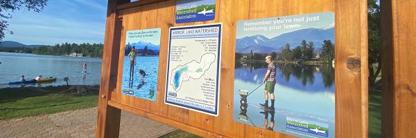 Mirror Lake Watershed Association Kiosk in Lake Placid, NY, the last stop on the Mirror Lake walking tour Information kiosk near lake